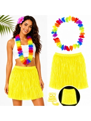 Neon Sarı Hawaii Etek 40 cm ve Rengarenk Hawaii Kolye