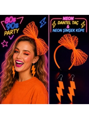 Neon Turuncu Dantel Taç Ve Şimşek Küpe 80'ler 90'lar Parti Seti