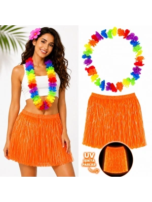 Neon Turuncu Hawaii Etek 40 cm ve Rengarenk Hawaii Kolye