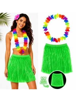 Neon Yeşil Hawaii Etek 40 cm ve Rengarenk Hawaii Kolye