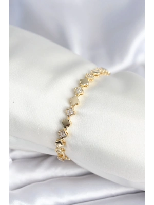 Pirinç Gold Renk Zirkon Taşlı Yonca Model Kadın Bileklik