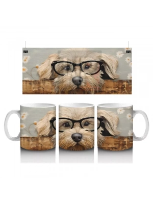Odun Üzerinde Gözlük Takmış Tatlı Köpek – Baskılı Kahve Kupası