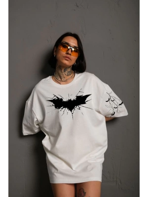 Ön ve Kol Baskılı Oversize T-shirt - Beyaz -