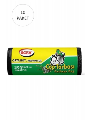 Orta Boy Çöp Torbası 55 x 60 cm 20 Li Rulo x 10 Paket = 200 Adet (Siyah)