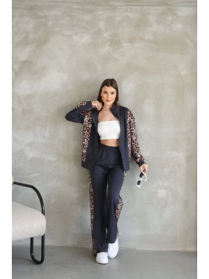 Osy Modal Yumuşak Dokulu Kumaş Kapüşonlu Leopar Desenli Fermuarlı Takım - Antrasit