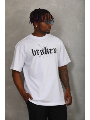 Oversize Baskılı Bisiklet Yaka T-Shirt - Beyaz -