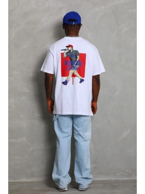 Oversize Baskılı Bisiklet Yaka T-Shirt - Beyaz -