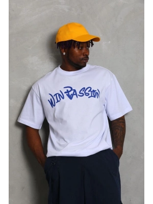 Oversize Baskılı Bisiklet Yaka T-Shirt - Beyaz -