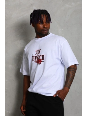 Oversize Baskılı Bisiklet Yaka T-Shirt - Beyaz -