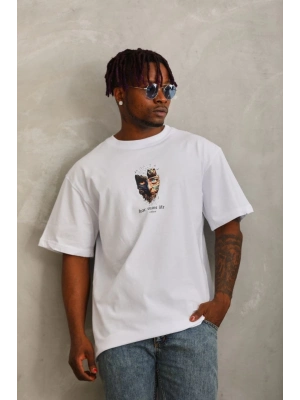Oversize Baskılı Bisiklet Yaka T-Shirt - Beyaz -