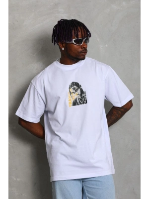 Oversize Baskılı Bisiklet Yaka T-Shirt - Beyaz -