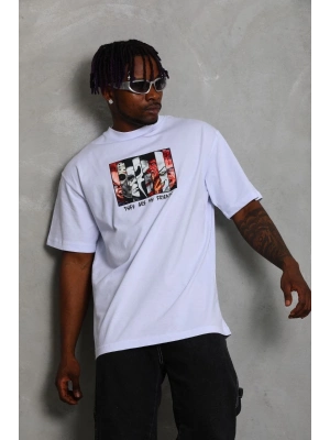 Oversize Baskılı Bisiklet Yaka T-Shirt - Beyaz -