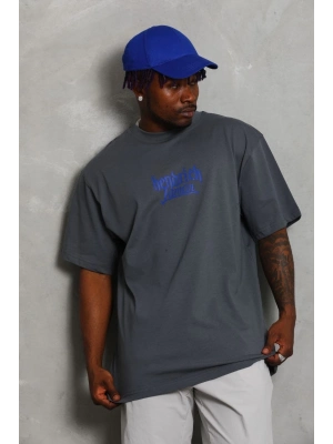 Oversize Baskılı Bisiklet Yaka T-Shirt - Füme -