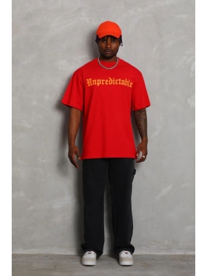 Oversize Baskılı Bisiklet Yaka T-Shirt - Kırmızı -