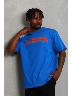 Oversize Baskılı Bisiklet Yaka T-Shirt - Mavi -