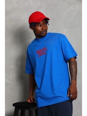 Oversize Baskılı Bisiklet Yaka T-Shirt - Mavi -