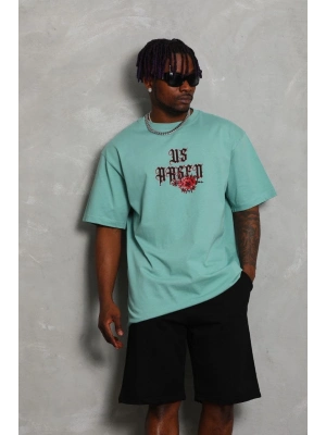 Oversize Baskılı Bisiklet Yaka T-Shirt - Mint Yeşili