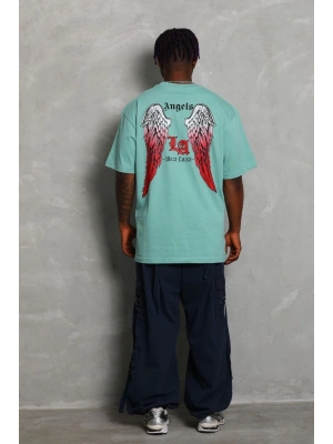 Oversize Baskılı Bisiklet Yaka T-Shirt - Mint Yeşili