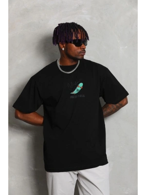 Oversize Baskılı Bisiklet Yaka T-Shirt - Siyah -