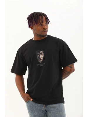 Oversize Baskılı Bisiklet Yaka T-Shirt - Siyah -