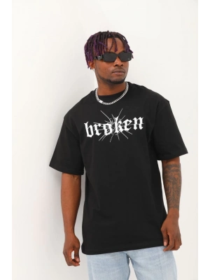 Oversize Baskılı Bisiklet Yaka T-Shirt - Siyah -