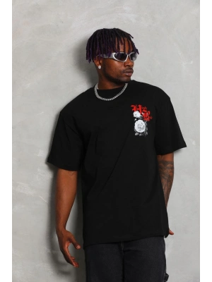 Oversize Baskılı Bisiklet Yaka T-Shirt - Siyah -