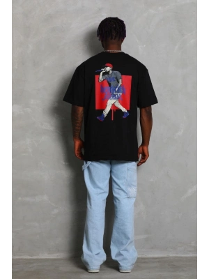 Oversize Baskılı Bisiklet Yaka T-Shirt - Siyah -