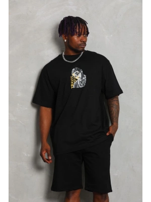 Oversize Baskılı Bisiklet Yaka T-Shirt - Siyah -