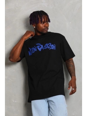 Oversize Baskılı Bisiklet Yaka T-Shirt - Siyah -