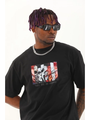 Oversize Baskılı Bisiklet Yaka T-Shirt - Siyah -