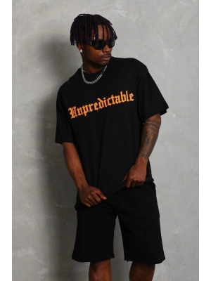 Oversize Baskılı Bisiklet Yaka T-Shirt - Siyah -