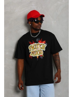 Oversize Baskılı Bisiklet Yaka T-Shirt - Siyah -