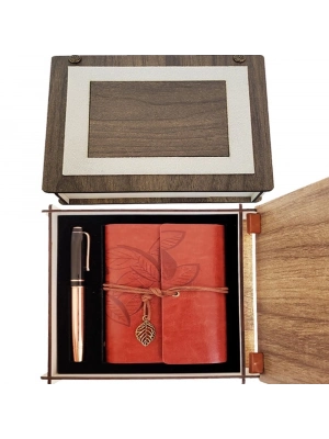 Özel Ahşap Kutulu Kahve Deri Defter Ve Bakır Roller Kalem Set