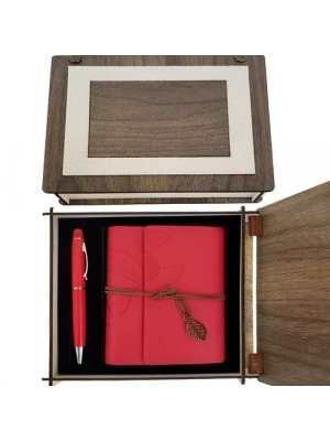 Özel Ahşap Kutulu Kırmızı Deri Defter ve Kalem Set