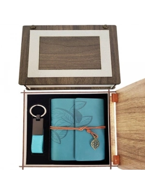 Özel Ahşap Kutulu Mavi Deri Defter ve Anahtarlık Set