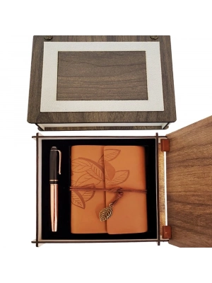 Özel Ahşap Kutulu Taba Deri Defter Ve Bakır Roller Kalem Set