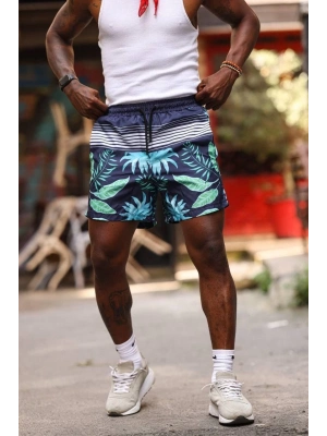 Palmiye Desenli Deniz Cepli Şort - Mavi -