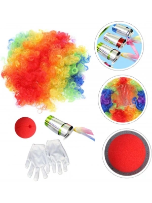 Palyaço Saç, Burun, Eldiven, Baston Seti 4lü