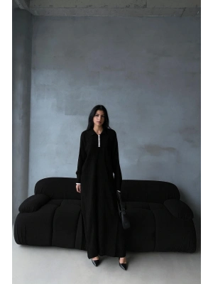 Pantolon yırtmaçlı elbise ikili triko takım siyah elf