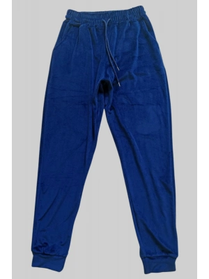 Parlak Kadife Cepli Pantolon Eşofman Pijama Altı Unisex Lastikli Paça Lacivert