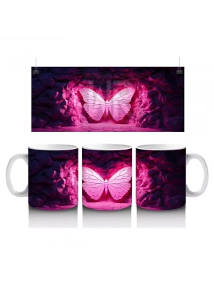 Parlak Pembe Işıltılarla Vurgulanmış Kelebek – Baskılı Kahve Kupası