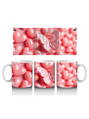 Parlak Pembe Kalplerle Süslenmiş Pembe Kelebek – Baskılı Kahve Kupası