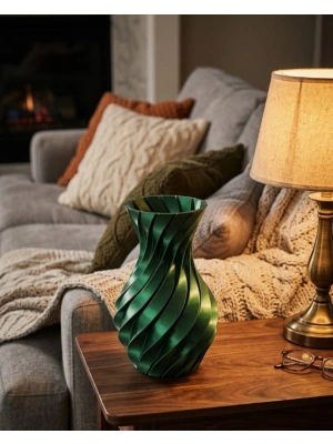 Parlak Yeşil Spiral 3D Baskı Vazo Şık Modern Dekoratif Obje