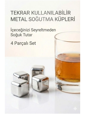 ® Paslanmaz Çelik Buz Küpü 4’lü Set – İçeceği Sulandırmadan Soğutucu Metal Taş