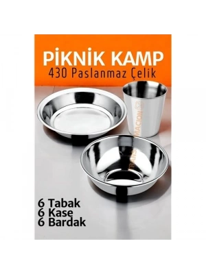Paslanmaz Çelik Tabak Kase Bardak Seti Kamp Piknik Seti 18 adet 721505
