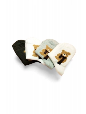 Peluş Ayıcık İşlemeli Kadın Soket Çorap 4 Çift