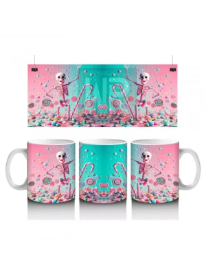 Pembe Arka Plan Üzerinde Şeker Dolu Külah Figürlü Cadılar Bayramı Baskılı Kupa Bardak