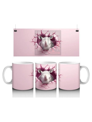 Pembe Arka Planda Kırık Duvarlı Gergedan - Baskılı Kahve Kupası