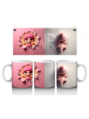 Pembe Arka Planda Şirin Çocuk Maskotu – Baskılı Kahve Kupası