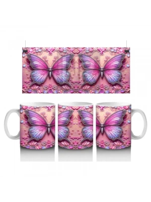 Pembe Arka Planlı Çift Mor Kelebek Deseni - Baskılı kahve kupası